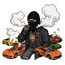 Figure in a black balaclava and gold chain exhales smoke beside brightly colored sports cars.