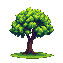 A vibrant green-canopied tree with a textured brown and red trunk stands on a small patch of light green grass.