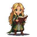 Elven scholar with long blonde hair and green eyes, wearing a green cloak and tunic with gold trim, reading a brown book.