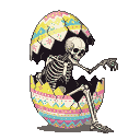 A monochrome skeleton breaks out of a cracked, pastel Easter egg, reaching a boney hand forward.