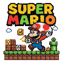 Super Mario mid-jump, clutching a Super Mushroom atop his head and firing a projectile, with the "SUPER MARIO" title above and a classic landscape below against a starry background.