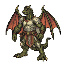 Green dragon-knight wearing plate armor and crimson wings.