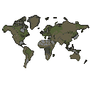 Pixelated world map with muted green, brown, and gray continents on a black background.