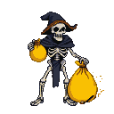 Skeletal mage in a pointed hat and cloak clutches two bulging golden sacks.