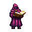 A mysterious figure in a deep magenta hooded robe clasps an open, weathered book.