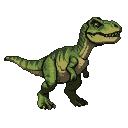A green Tyrannosaurus Rex with sharp teeth and watchful eyes, standing with its tail extended.