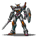 Formidable, heavily armored mecha with sharp angles and segmented plates, vibrant orange and deep purple accents, holding a silver sword and shield.
