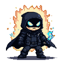 A cloaked figure with glowing blue eyes, surrounded by a fiery aura, holding an electric blue weapon.