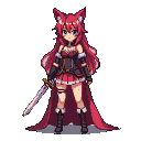 Anime-style warrior with red hair and fox ears, wearing a dark outfit with crimson accents and holding a sword.