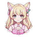 Anime-style character with large teal eyes, blonde hair with pink flowers, fluffy pointed ears, and a frilly pink dress.