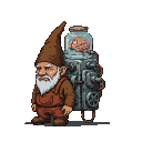 A weathered gnome with a mischievous glint in his eye stands beside a retro-futuristic backpack machine. A glass jar containing a disembodied brain, connected by tubes to the machine, is perched atop it.