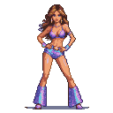 A glamorous woman in a shimmering purple sequined bikini top and high-waisted shorts, with flared, sparkly leg warmers.