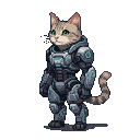 A tabby cat wearing a detailed, dark gray and metallic blue futuristic exoskeleton with glowing teal accents.