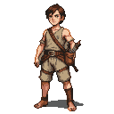 Lean archer with earth-toned attire, leather satchel on back with arrows, and quiver at waist.