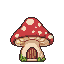 A red-capped mushroom house with white polka dots, featuring an arched wooden door and surrounded by small green plants.