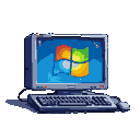 Retro desktop computer with CRT monitor displaying the Windows logo, dark gray keyboard, and mouse.