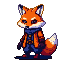 A cunning fox wearing a blue scarf and an orange hooded jacket, with a white-tipped bushy tail, stands watchfully.