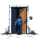 A person in a blue t-shirt and jeans walks through a brightly lit doorway, their back to the viewer.