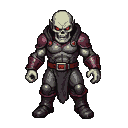 Menacing skeletal figure in dark, segmented armor with crimson accents and piercing red eyes.