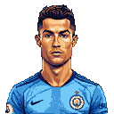 Cristiano Ronaldo in a light blue Manchester City jersey, stern gaze, black background.