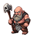 Bald dwarf with grizzled grey beard and scowling face, gripping a crude axe topped with a weathered skull. He wears leather straps and a broad belt over his bare chest.