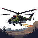 Mi-24 attack helicopter in green and brown camouflage firing a fiery burst, hovering over a desolate landscape with silhouetted trees under a dark sky.