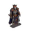 Regal skeleton king in ornate golden armor and blue cape, wearing a crown, viewed from a top-down 3/4 perspective.