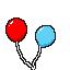 Two pixel art balloons, one crimson and one sky blue, with white strings, float against a black background.