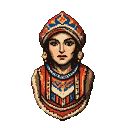 Portrait of a woman with a serene expression, wearing a jeweled headdress and a richly patterned red, blue, and gold garment.