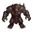 A hulking, blood-red demonic behemoth in dark metal armor, with a grotesque face featuring horns, sharp teeth, and glowing eyes, stands in a menacing pose.