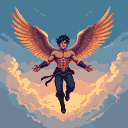 Winged man with muscular physique, dark pants, and boots, golden feathered wings spread wide, soaring through ethereal sunset clouds.