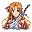 Young woman with long orange hair, red ribbon, and blue eyes, holding a silver sword defensively.