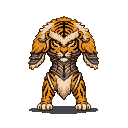 Anthropomorphic tiger warrior in detailed metallic armor, in a powerful ready stance.