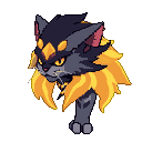 A stoic feline warrior with dark grey fur and a fiery mane, golden eyes fixed forward with an intense gaze.