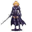 Stoic knight girl with blonde hair, wearing dark segmented armor and a pleated skirt, holding a slender sword at her side.
