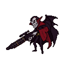 Skeletal vampire with a wide, menacing grin and hollow eye sockets, wearing a red and black cape and bat-like wings, holding a minigun.