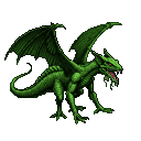 A menacing green basilisk with sharp scales, spread leathery wings, piercing red eyes, and an open maw with fangs, poised against a transparent background.
