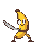 A pixelated banana with spindly limbs swings a katana.