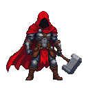 Warrior in dark metallic armor with a prominent red hooded cloak, holding a stone hammer.