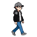 Skinny teenage boy in bulky armor over casual clothes, walking sideways in 16-bit pixel art.