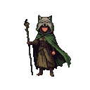Female druid in a green cloak with a wolf's head hood, holding a staff with a glowing orb.