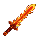 A sword with a fiery orange and yellow blade, surrounded by jagged pixelated flames. It has a dark, textured hilt with a glowing red gem in the pommel.