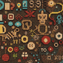 Pixelated robot amidst scattered flowers, buttons, geometric shapes, and text fragments in an earthy color palette with teal and yellow accents.
