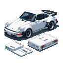 1992 white Porsche 911 Turbo S in isometric pixel art, with two white pixelated car parts with red accents.