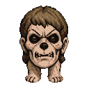 A snarling canine-like creature with sharp teeth, furrowed brow, dark piercing eyes, gaunt skin stretched over bone, and tufts of brown hair framing its face and neck. Its hunched, furry body is supported by small, clawed paws.