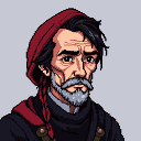 Stern-faced man with braided grey beard and dark hair, wearing a crimson hood.