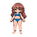 Anime character with flowing brown hair in a blue bikini, smiling gently.