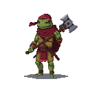 Anthropomorphic turtle warrior in Tuareg-inspired red and yellow attire, holding a warhammer.