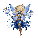 Ethereal fairy-like being with large translucent blue wings, a golden halo, and flowing golden hair, casting a spell with crackling blue energy emanating from its hands and a crystalline object in its left hand.