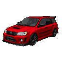 Vibrant red Subaru with a black body kit, viewed from a three-quarter angle against a black background.
